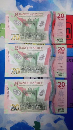Billetes De  20 Pesos Serie Aa0792242, Aa0792243 Y Aa0792244