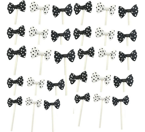Paity Ribbon Bow Knot Cupcake Toppers Black  White Wedding -