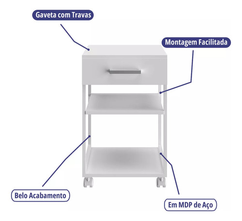 Mesa Cabeceira Móvel Gaveteiro Aparador Com Rodas Para Escritório Casa Quarto Café Filtro De Água Multiuso Branco Multivisão