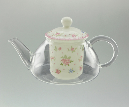 Tetera De Vidrio Con Infusor De Porcelana Diseño Flores