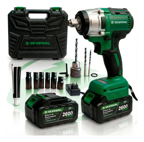 Chave De Impacto Parafusadeira Several Furadeira Recarregável 21v Com Acessórios E Maleta 2600mah 2 Baterias