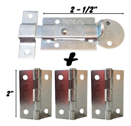 Kit 1 Trinco Ferrolho 2-1/2 Chato Zincado + 3 Dobradiça 2pol