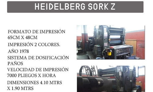 Maquina Imprenta Heidelberg Sork Z 2 Colores 1978