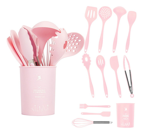 Set 12pcs Utensilios De Cocina De Silicona Antiadherentes Color Rosa