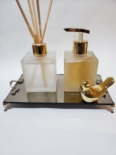 Imagem 2 de 6 de Kit Lavabo Frasco Cubo Fosco+ Bandeija + Passaro +brinde