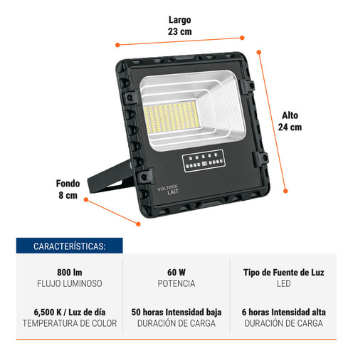 Reflector Led 60 W con panel solar, luz de día, 6500K Volteck REF-503SL