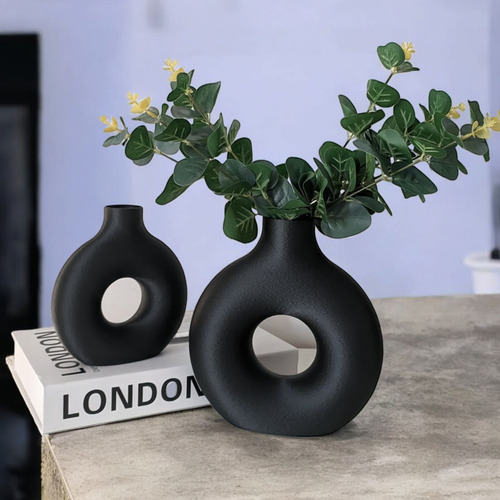 Florero Minimalista Dona Dunut Texturado X2 Negro Dona