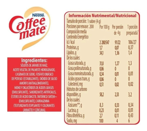 Sustituto De Crema Para Cafe Coffee Mate Polvo Sobre De 4 Gr