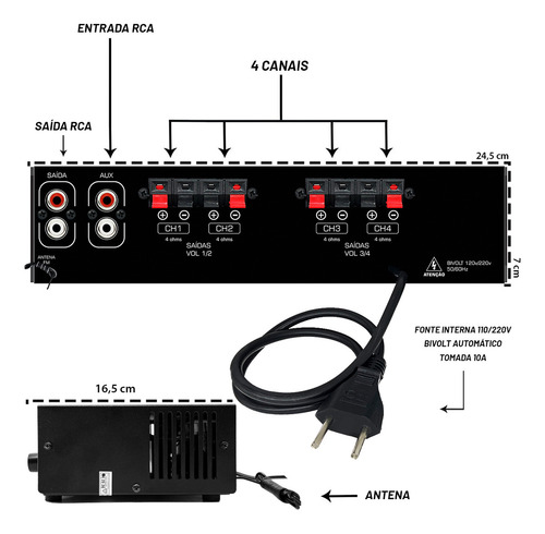Receiver Amplificador Som Ambiente 4 Canais Bluetooth Rc7000