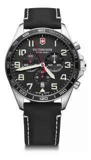 Reloj pulsera Victorinox Fieldforce Chrono de cuerpo color plateado, analógico, para hombre, fondo negro, con correa de cuero color negro, agujas color blanco y rojo, dial blanco, subesferas color neg