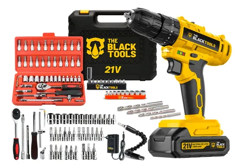 Parafusadeira Furadeira De Impacto Sem Fio 21v Com 46 Peças Amarelo 110v/220v 60hz