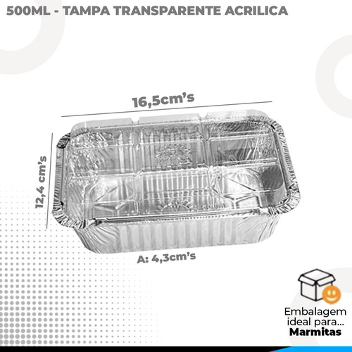Marmita De Alumínio Retangular Tampa Transparente 500ml 50un