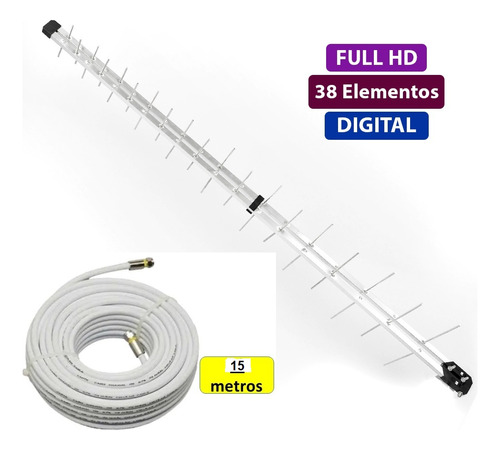 Kit Antena De Tv Digital 38 Elem. 16 Dbi Hdtv Uhf 15m Cabo