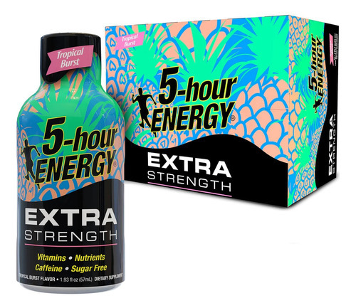 5-hour Energy Shots Extra Potente, Vitaminas 12 Pack Sabor Tropical Burst