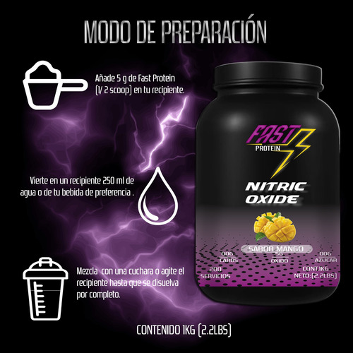 Óxido Nítrico Fast Suplement 1kg 200 Serv Varios Pre Entreno Mango-