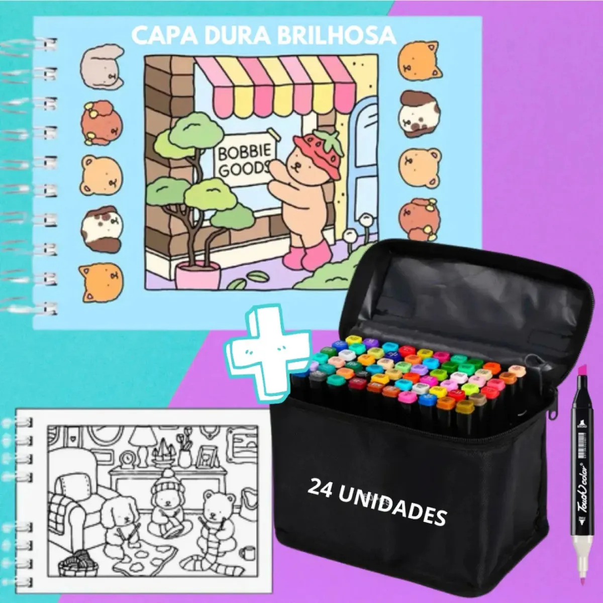 Kit Livro Colorir Capa Dura 50 Páginas 180g Folha Acetato
