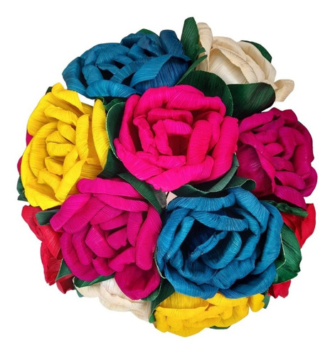 Flores (rosas) De Hoja De Maiz 12pz Artesanías Mexicanas