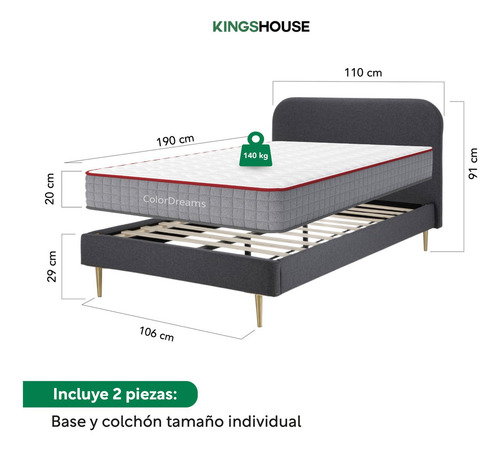 Base De Cama Y Colchón Memory Foam 100x190x20 Cm Con Resortes Pocket Individual Box De Metal Y Madera Cabecera Curva Color Gris Kingshouse