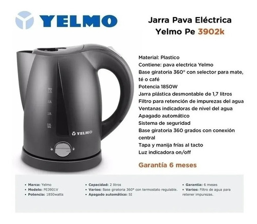 Imagen 5 de 8 de Pava Electrica Yelmo 3902k 1.7 Lts 2 Funciones Hervir Mate