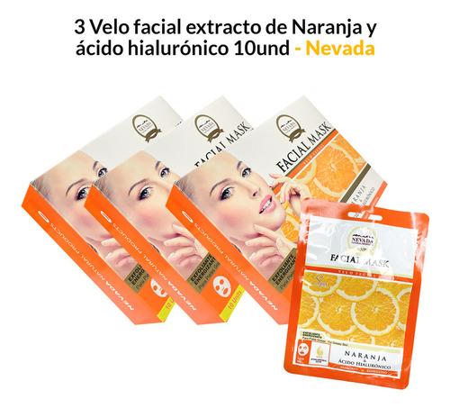 3 Velo Facial Extracto De Naranja Y Ácido Hialurónico 10und