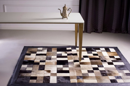 Imagen 5 de 6 de Alfombra Patchwork Cuero Vaca Pelo 1,6x2,0m Tiras C/ Marco