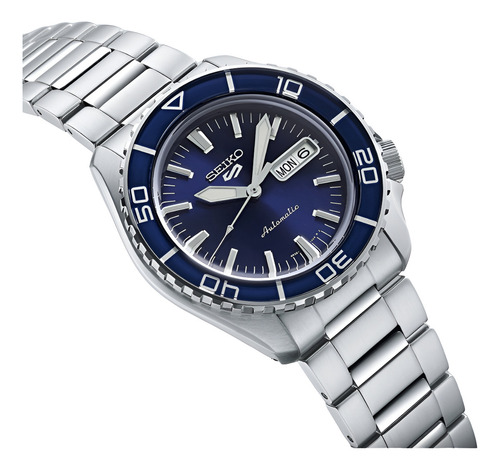 Reloj Seiko Hombre Doble Calendario 100mt Automatic Srpk97k1 Malla Plateado Bisel Azul Oscuro Fondo Azul Oscuro