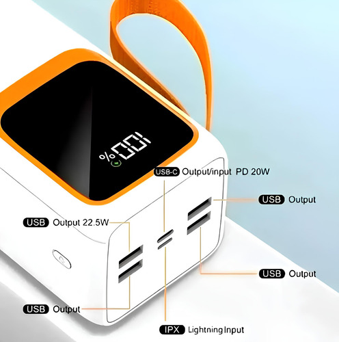 Carregador Portátil Power Bank 30000mah 22.5w Portátil Com Cabo Usb-c E iPhone Carregamento Turbo Powerbank Turbo Power Bank Carregador Rapido Compatível Com iPhone E Android Powerbank Com Lanterna