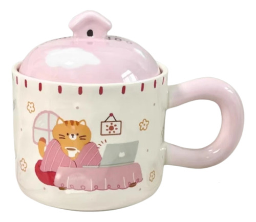 Taza De Cerámica + Tapa Casa Gatito Cat House Kawaii 400ml Rosa
