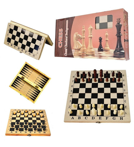 Imagen 1 de 10 de Juego De Mesa Ajedrez Damas Backgammon Madera 3 En 1 Viaje