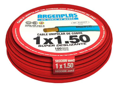 Cable Unipolar 1,50mm Rojo Argenplas 1,5(x 100m) Normalizado