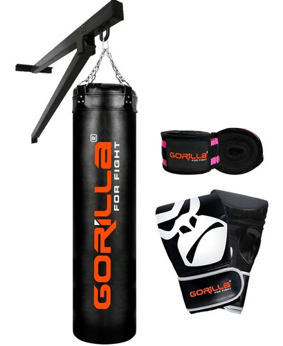 Saco De Pancada Boxe 180 + Luva + Bandagem + Suporte Gorilla Cor Preto/Rosa