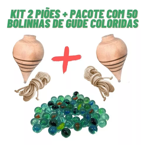 Kit Pião 3 Peão De Madeira E Musical Com 2 Bolinhas De Gude