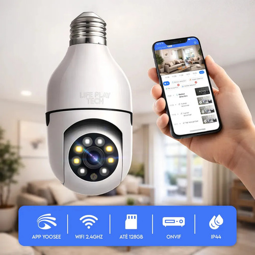 Câmera Segurança Lâmpada WiFi 360° Full HD 1080p Visão Noturna Infravermelho Áudio Bidirecional Soquete E27 App Yoosee 2.4GHz Rotação 360x90° Monitoramento Residencial