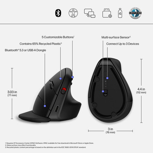 Mouse Sem Fio Vertical Ergonômico Hp 920 Bluetooth 5.3