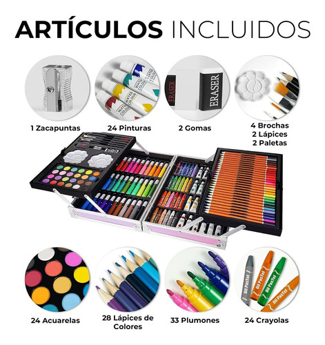 Kit De Dibujo Estuche De Arte 145pz Acuarelas Pinturas Colores Diseño Infantil Robot Fasilyt