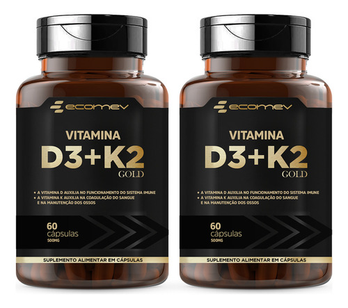 2x Vitamina D3 2.000ui + K2 Mk7 149mcg 120 Cápsulas - Ecomev Sabor Sem sabor