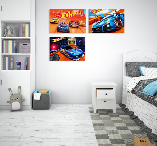 Tríptico Carros De Carreras  Niños Canvas Cuadro Decorativo