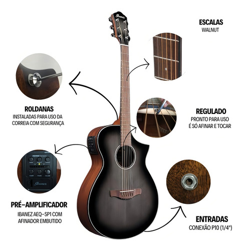 Violão Elétrico Ibanez Aewc11 Tcb Transparent Charcoal Burst