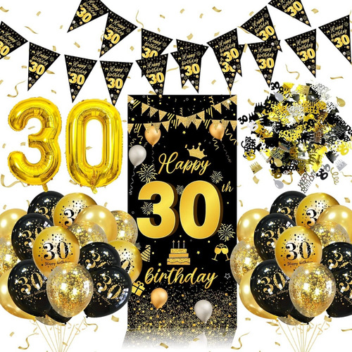 Decoración Globos Cumpleaños 30 Años Hombres Negro Y Dorado