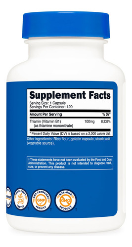 Suplemento de vitamina B1 (tiamina) Nutricost 100 mg 120 cápsulas