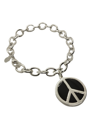 Pulsera Acero Blanco Signo De La Paz Esmaltado Fondo Negro 