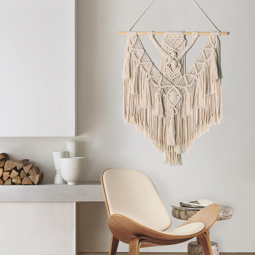 Tapiz De Pared Con Borlas Largas Y Macramé Estilo Bohemio