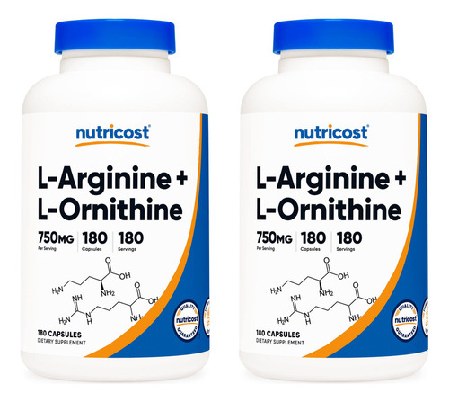 Nutricost L-arginina L-ornitina 750 Mg; 180 Cápsulas (2 Bot