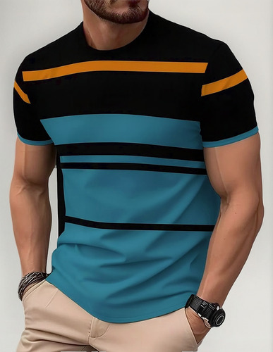 Camiseta De Rua Masculina De Verão Com Estampa Listrada Com