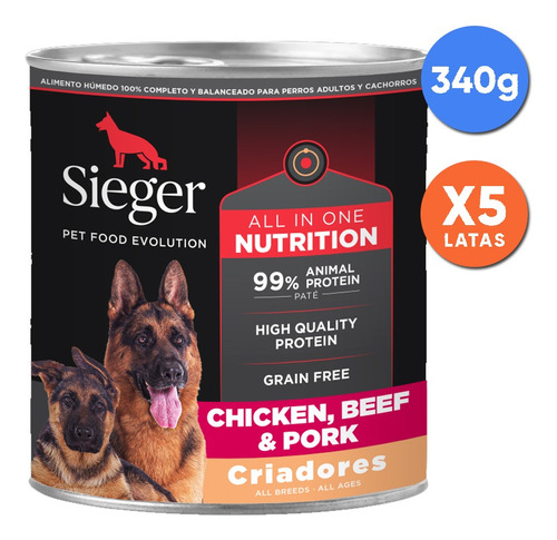 Alimento Humedo Perros Criadores Latas Sieger Pollo 340gr X5