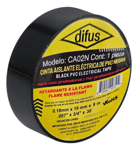 50 Pack Cinta De Aislar Aislante Negro Difus Compacto 9m Negro Aislante
