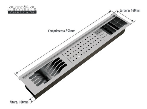 Calha Úmida Canal Equipado Escorredor Louça Inox Embutido