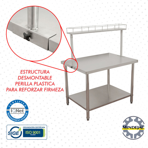 Mesa De Trabajo Barandal 110x80x86cm 100% Acero Inoxidable