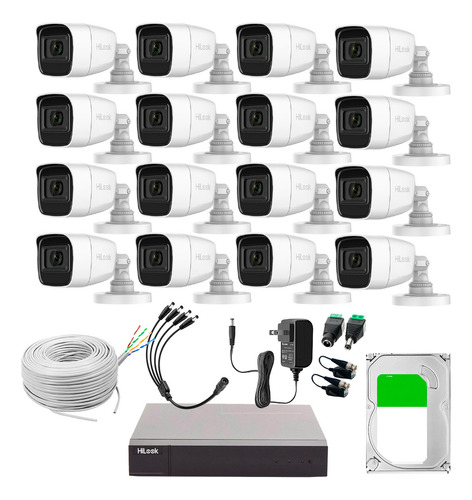 Hilook Kit de Camaras de Seguridad Exterior Con Micrófono Integrado + Bobina de Cable de Red + Disco Duro 3TB Modelo HLPS-PLUS16-B+3TB Video Vigilancia TurboHD 1080p CCTV 16 Cámaras Bala