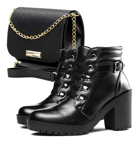 Bota Coturno Feminino Para Festas Ziper Salto Bolsa Ombro